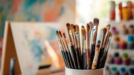 Fototapeta premium Assorted paintbrushes in a holder stand ready near s and art supplies for an artist's creativity.