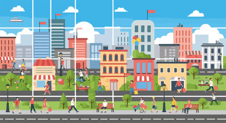 Fototapeta premium Cityscape background showcases urban scenery with buildings, parks, and people enjoying public spaces. Cityscape background includes modern skyscrapers and traditional houses, green trees,