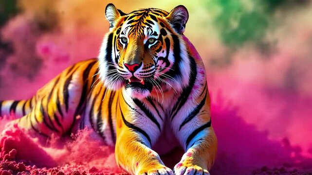 AI Generative Animal tiger sprayed with colorful colors holi, Indian spring festival