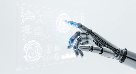 A chrome robotic hand with glowing blue accents interacts with a transparent, holographic interface displaying scientific data and diagrams