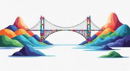 A vibrantly colored bridge, made of diverse letters, spans a body of water between two stylized, multi-hued mountainous landmasses, all on a bright white background
