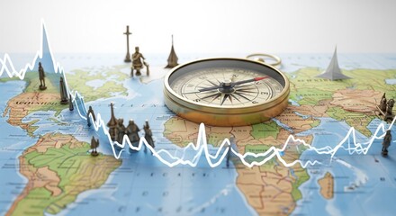 A golden compass sits centrally on a world map, overlaid with white statistical lines, and surrounded by small, diverse architectural and human figurines