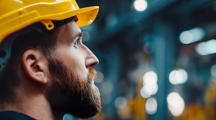 An industrial engineer in a safety helmet, portrayed in a factory setting with a soft background.