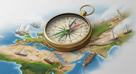 A golden compass sits centrally on a world map, overlaid with white statistical lines, and surrounded by small, diverse architectural and human figurines