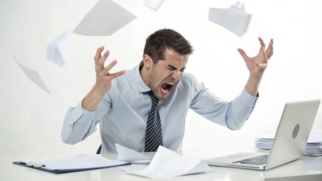 Man in shirt and tie throws papers in frustration at desk with laptop and clipboard in office setting