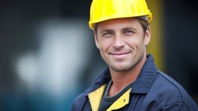 An industrial engineer in a safety helmet, portrayed in a factory setting with a soft background.