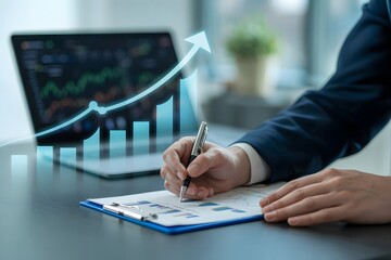 Businessman analyzing financial data with a growing graph overlay symbolizing success and upward trends in business and investment
