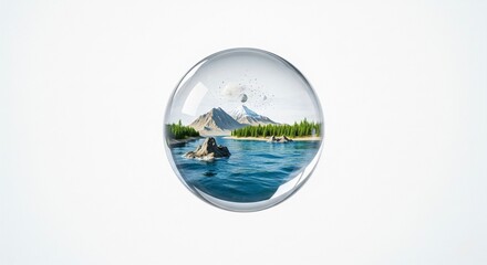 A crystal-clear glass sphere encases a serene miniature landscape with a lake, pine trees, and snow-capped mountains under a light sky with floating rocks