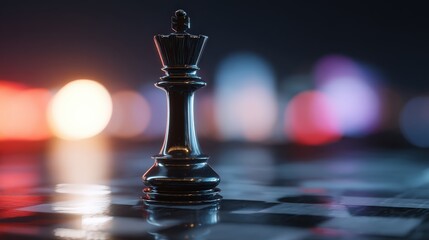 A black king chess piece stands prominently on a reflective chessboard with colorful blurred lights in the background.