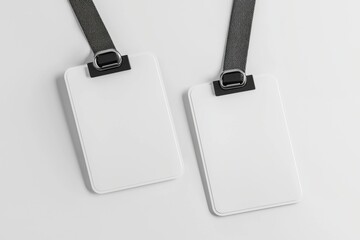 Fototapeta premium Blank vertical badges hanging from black lanyards against white surface, representing professional identification and corporate branding mockup