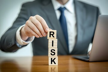 Businessman stacking wooden blocks spelling RISK symbolizing risk management assessment tolerance and strategic decision making in business and