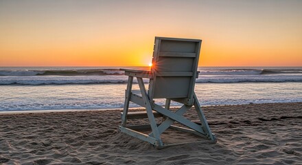 Tranquil sunrise at the beach with lifeguard chair overlooking the serene ocean waves and golden horizon