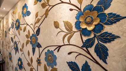 Elegant floral wallpaper with golden and blue flower decorations
