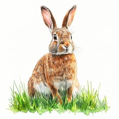 Fototapeta premium A realistic illustration of a rabbit sitting in fresh grass, ideal for nature-themed projects, children's books, or educational materials, The vibrant details capture the essence of wildlife,