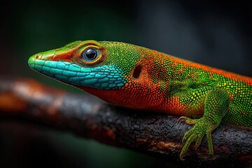 Fototapeta premium Close-up of a vibrant, colorful lizard perched on a branch, showcasing detailed scales in shades of green, orange, and blue against a dark, blurred background.