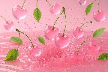 Pink translucent cherries are floating in the air and falling into pink juice splashing it 