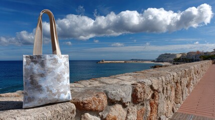 Fototapeta premium A stylish tote bag adorned with ocean waves sits next to calm blue waters, capturing the essence of relaxation and seaside beauty