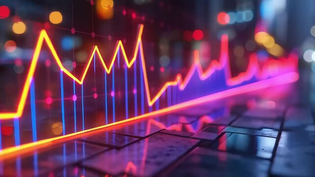 Financial chart on wet city street night footage