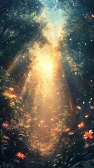 Obraz premium Sunlight Streaming Through Fantasy Forest with Flowers