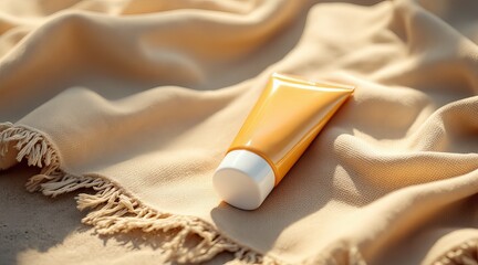 A tube of yellow sunscreen lotion sits on a beige textured fabric, ready for a sunny day at the beach