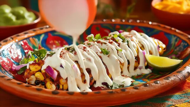 Delicious elotes on vibrant plate, creamy sauce drizzled over corn with red onion, herbs, lime. Rich colors, close-up shot, inviting meal. Perfect for food blogs.