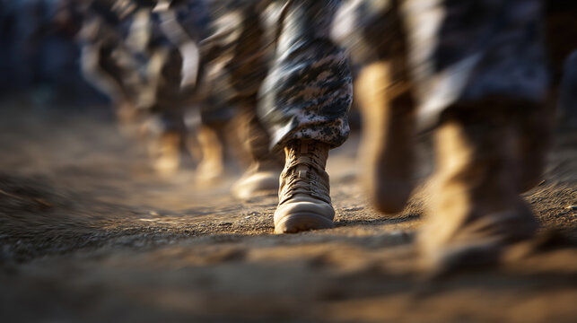 Troop Marching Practice in Dusty Training Grounds with Motion Blur