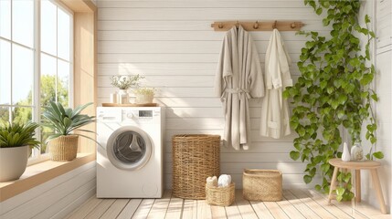 Bright, cozy laundry room with a front-load washer, natural wicker baskets, hanging robes, and lush green plants near a large window.