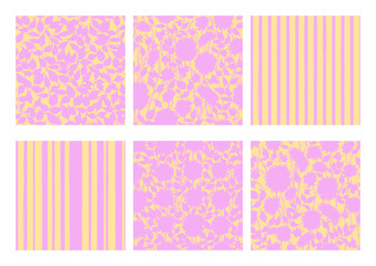 Hand drawn vector dahlia flower, leaves, stripes seamless patterns in light pink and yellow color.
