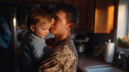 Tender Moment Between Father and Toddler in Sunlit Kitchen