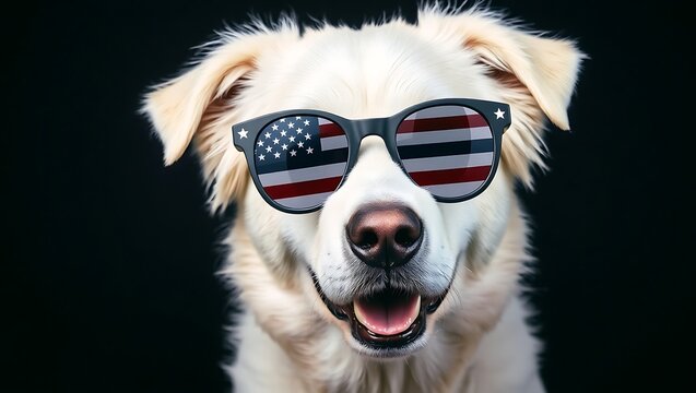 A golden retriever dog wearing sunglasses with the american flag reflected in the lenses on black backdrop | national dog day - Powered by Adobe