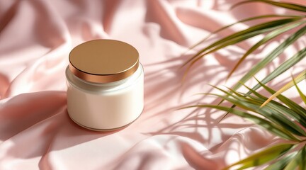 A luxurious jar of cream sits on a pink silk fabric with a plant, evoking a sense of natural beauty and elegance