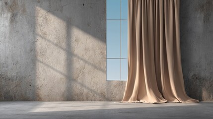 A textured concrete wall with a tall window partially covered by beige curtains, casting soft shadows on a smooth floor.