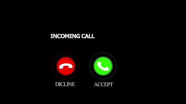 Incoming Call Animation with Ringing Phone Icon on Black Background Featuring Accept and Decline Buttons with Copy Space | Digital Communication UI Motion Graphic | 4K Loop