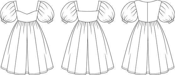 Vintage puff sleeve dress flat CAD drawing, vector illustration of classic fashion design, front, side and back views, sewing pattern template