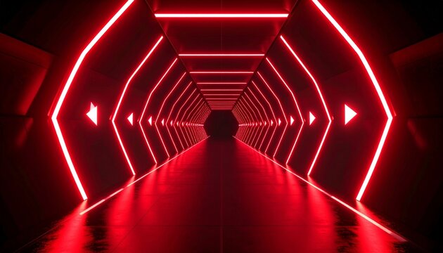 Red-glowing digital tunnel with floating playback icons, echoing minimalist media space design in a dark ambient void