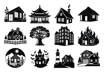 Fototapeta premium Vector art of collection of various house and building silhouettes isolated on white background