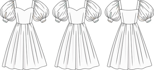 Women’s puff sleeve dress CAD flat sketch with sweetheart neckline, gathered skirt, fashion illustration front and back views vector