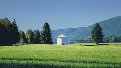 Obraz premium White round building in a grassy field, mountains in the background