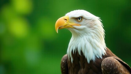 Obraz premium Majestic Bald Eagle Profile Against Lush Green Background, a Symbol of Freedom and Power
