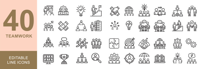Teamwork Line Icons Set – Editable Thin Stroke Business Collaboration Vector Collection. Team Work Icon Set for Business