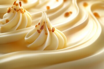 Close-up of elegant vanilla ice cream swirls topped with crushed nuts.
