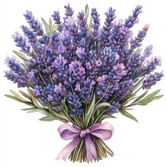 Fototapeta premium A vibrant bouquet of lavender flowers tied with a soft ribbon, perfect for use in wellness, aromatherapy, or gift-related projects, It can enhance designs focused on relaxation and nature,