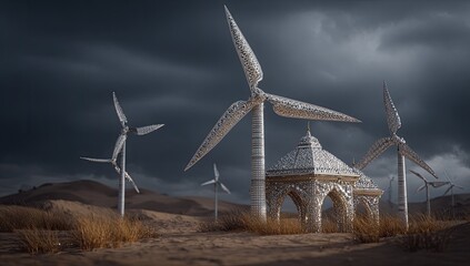 Metallic wind turbines in a desert landscape, ornate structure
