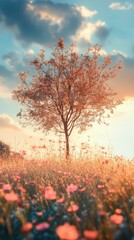 Tree in Field of Flowers with Cloudy Sunset Sky Background