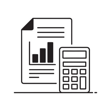 Line icon of a financial report with a bar graph and calculator representing business accounting budget calculation and data analysis for investment vector stroke