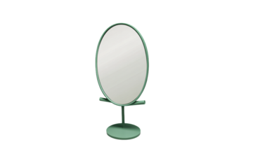 a green mirror on a stand with a white background