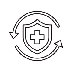 Line icon of a shield with a medical cross inside a circular arrow representing continuous health protection medical insurance and secure healthcare cycle vector stroke