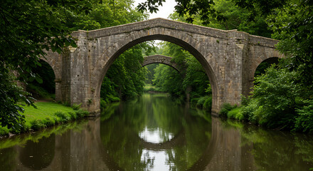 Fototapeta premium Capture an old stone bridge spanning a gentle river, surrounded by natural foliage. Emphasize texture and symmetry.