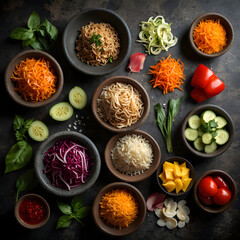 Rustic stone table setting, fresh Asian ingredients, and colorful textures.