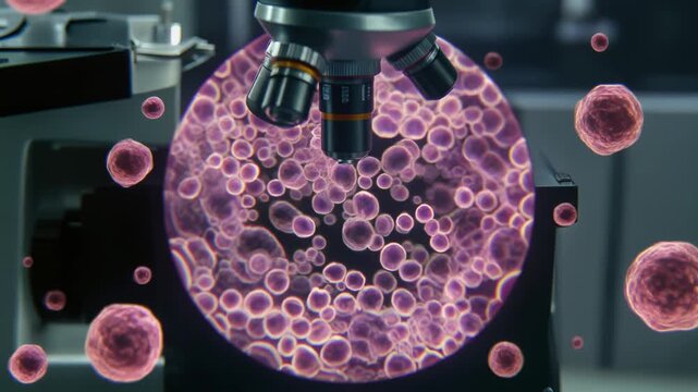 Futuristic microscope for advanced biology and microbiology. Deep scientific research and focused analysis of single cell for medical discovery